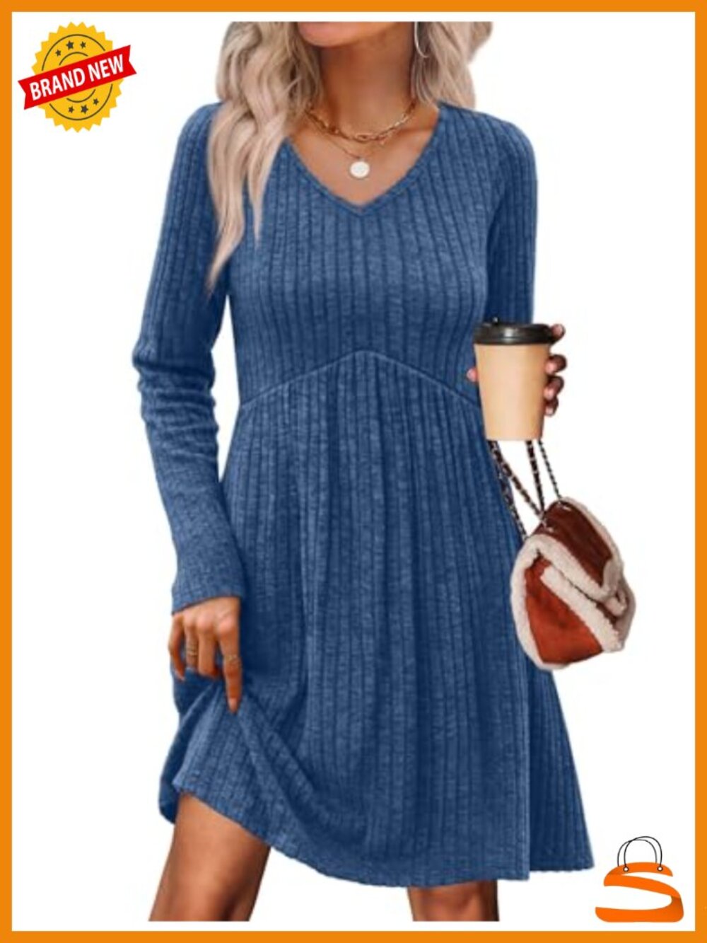 Long Sleeve Sweater Dress V Neck Empire Waist Babydoll Casual with Pockets